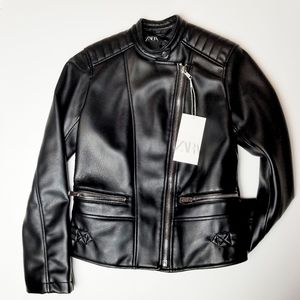 Zara Black Faux Leather Motorcycle Jacket XS